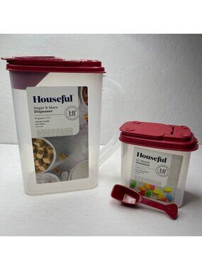 Houseful Kitchen Sugar 4 Qt  Lil Handy Container 1 Qt W/ Scoop Red Lids